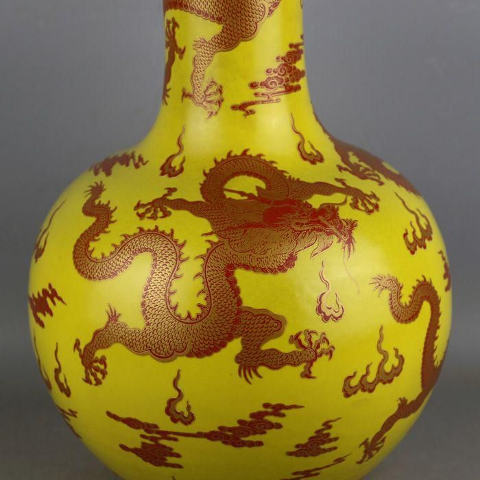 中国美術 パステル蒔絵五龍紋天球瓶 景徳鎮 装飾品 現代工芸