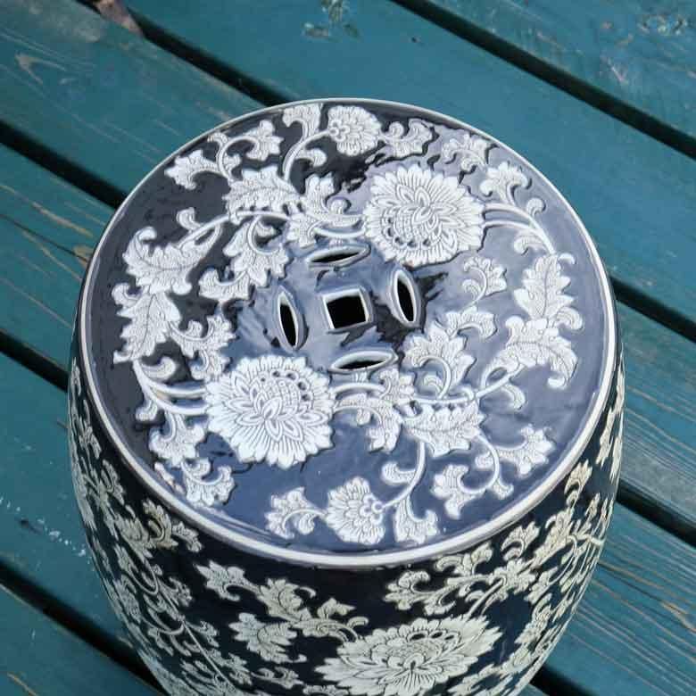 スツール 陶器 花台 洋蓮黒 花柄 台 プランター置き 椅子 イス チェア