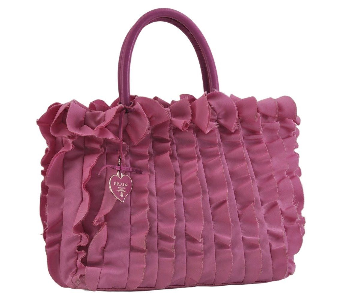 PRADA プラダ フリル ナイロン Tessuto レザー トート ハンドバッグ ピンク 9683J
