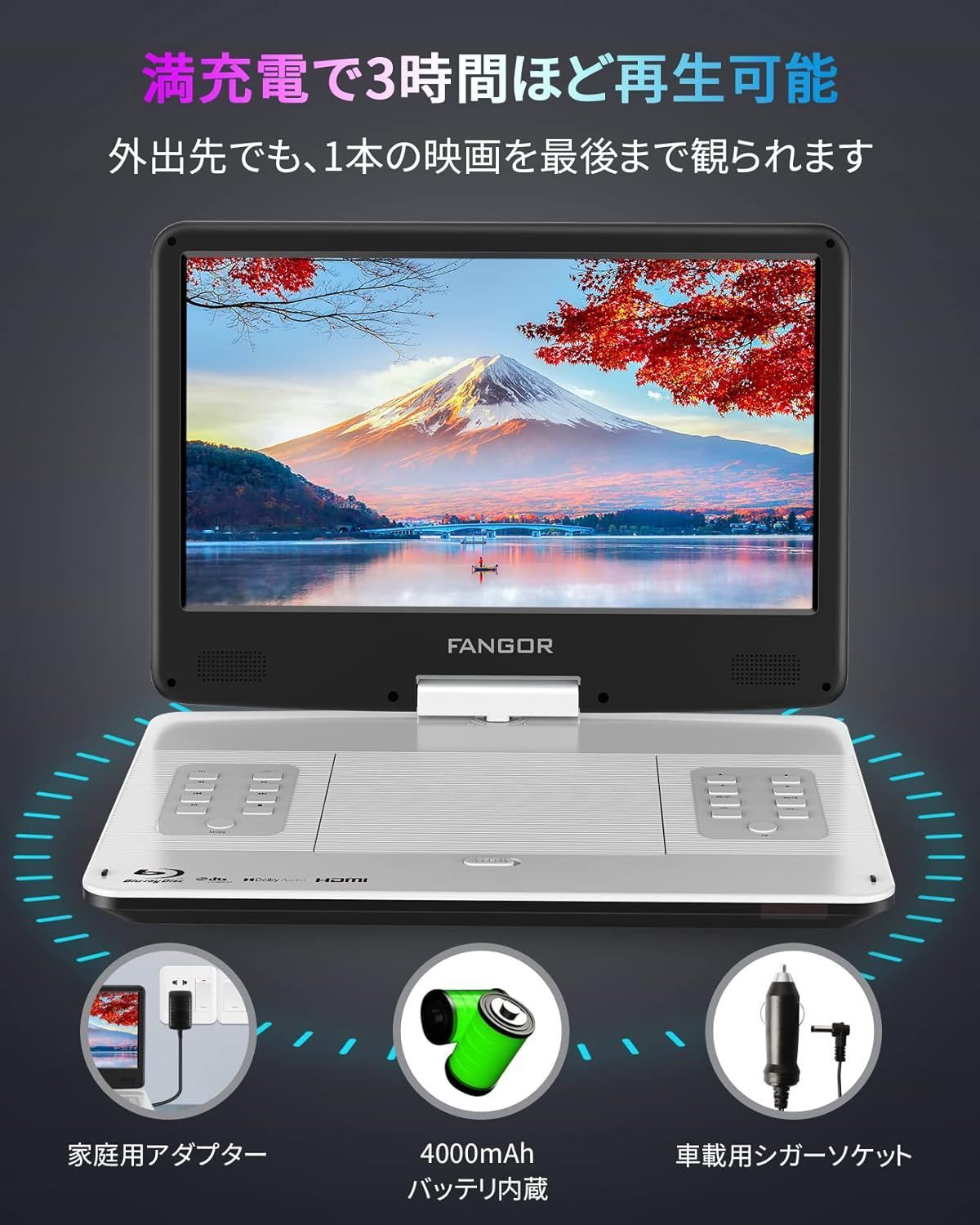 ポータブルブルーレイプレーヤー 14.1インチ HDMI出力 270度回転式画面