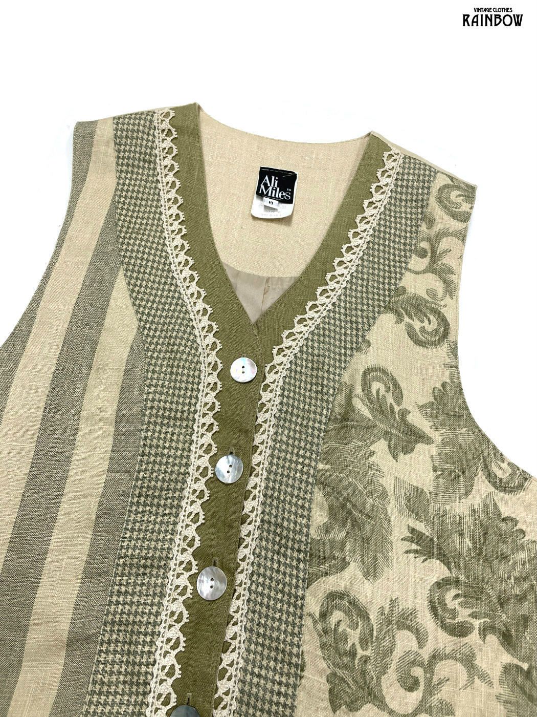 古着 Ali Miles アメリカ製 レース シェルボタン 総柄 リネン100％ ノースリーブ ベスト ベージュ ttu 2510014