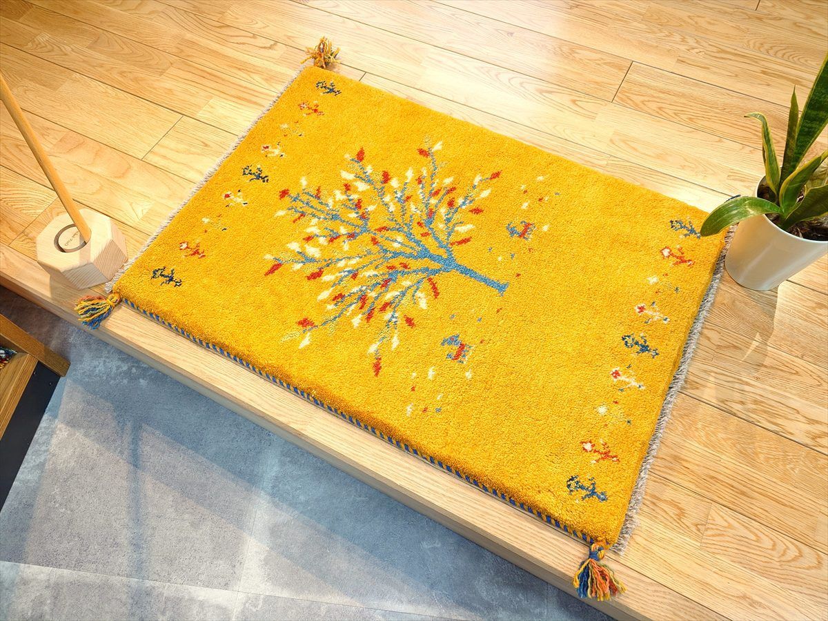 ペルシャ ギャッベ 玄関マット ラグ 88X60㎝ 生命の木 黄金色 RJ8003