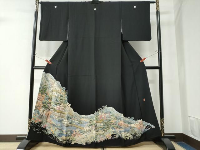 平和屋着物●本加賀友禅作家 谷崎善治 黒留袖 遠山水辺渡り橋風景文 正絹 CAAW8657yc