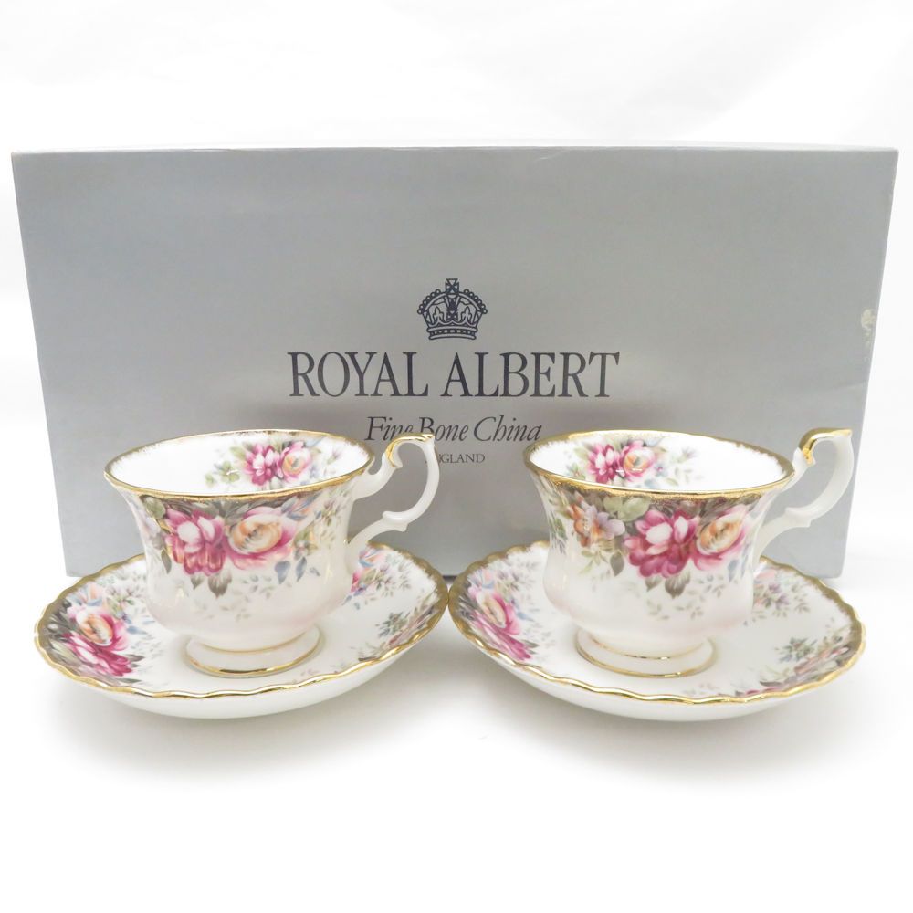 美品 ROYAL ALBERT ロイヤルアルバート オータムローズ ティーカップ＆ソーサー 2客 ペア 秋 薔薇 バラ 花 フラワー 紅茶 英国 SU8527K 