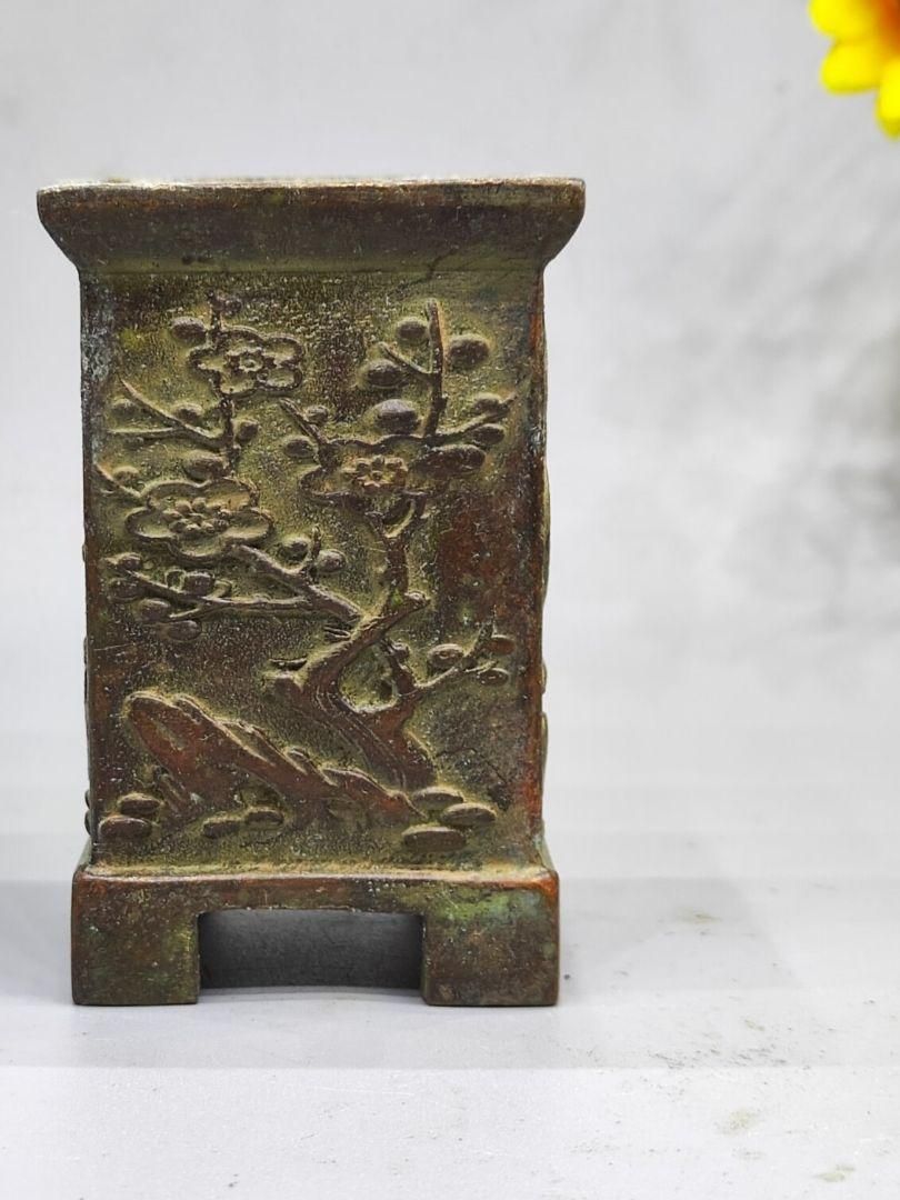 銅細工 四方梅蘭竹菊筆筒 書道具 文房具 装飾品 工芸品 美術品