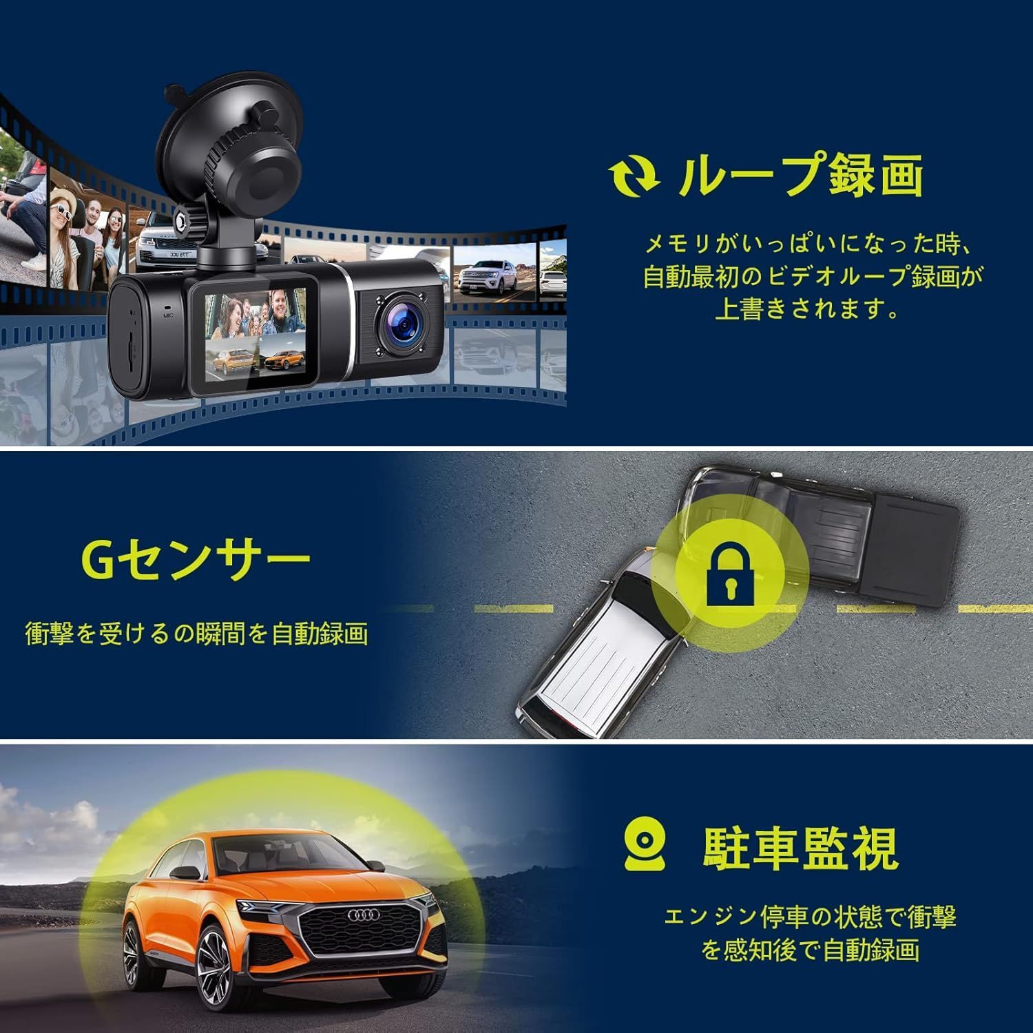 小型ドライブレコーダー車前と車内一体型 1.5インチドラレコ