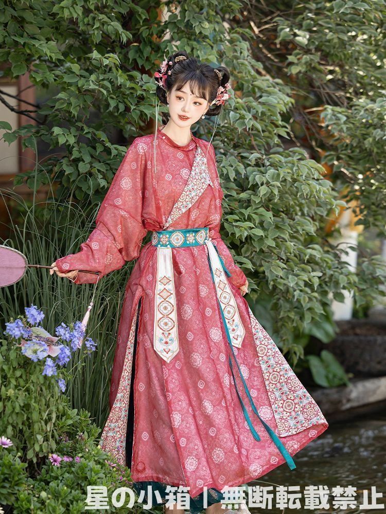 豪華刺繍デザイン 中国風  【スイギンキリョウ】 唐風デザイン 刺繍入り円領袍 漢服 女性用 豪華セット ピンク×グリーン バルーンパンツ付き 優雅な印花デザイン 撮影用 春秋向け プレゼントにも最適 新品 未使用 漢服 豪華刺繍デザイン 中国風 【スイギンキリョウ】 唐風