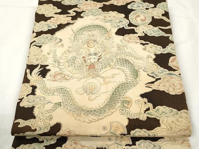 平和屋着物●アンティーク 大正ロマン 塩瀬 丸帯 龍 雲取り文 引き抜き帯 銀彩 正絹 CAAX9509yk