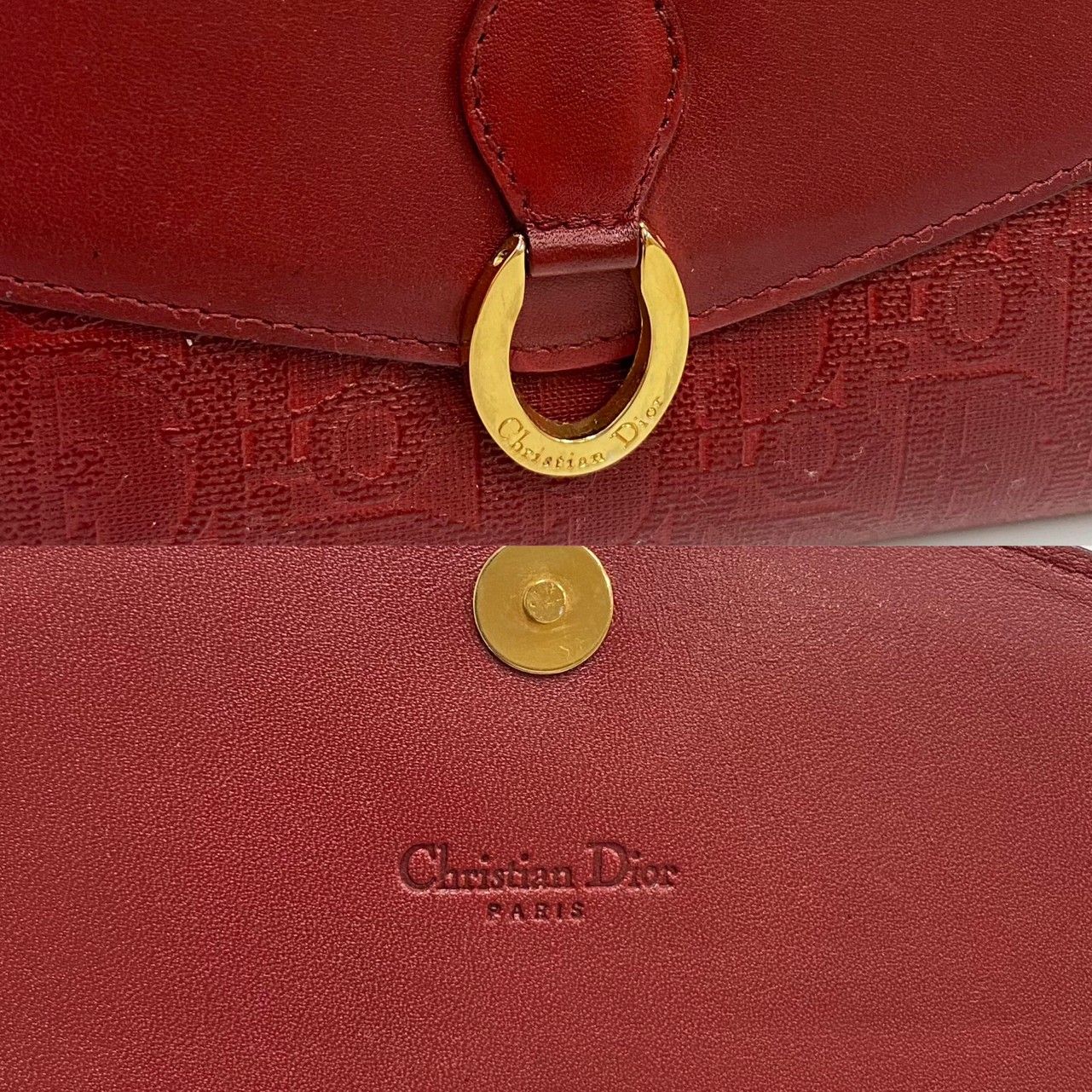 極 美品 Christian Dior ディオール トロッター 柄 ロゴ 金具 レザー 本革 がま口 二つ折り 長財布 ウォレット レッド 赤  31227