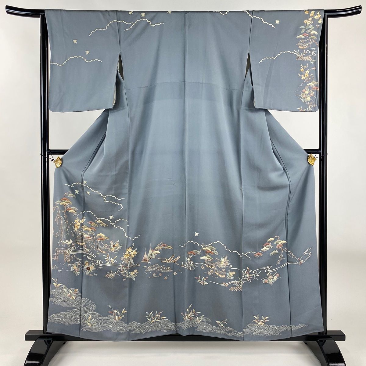 訪問着 身丈158cm 裄丈65cm M 袷 松竹梅 家屋 刺繍 金糸 灰色 正絹 秀品
