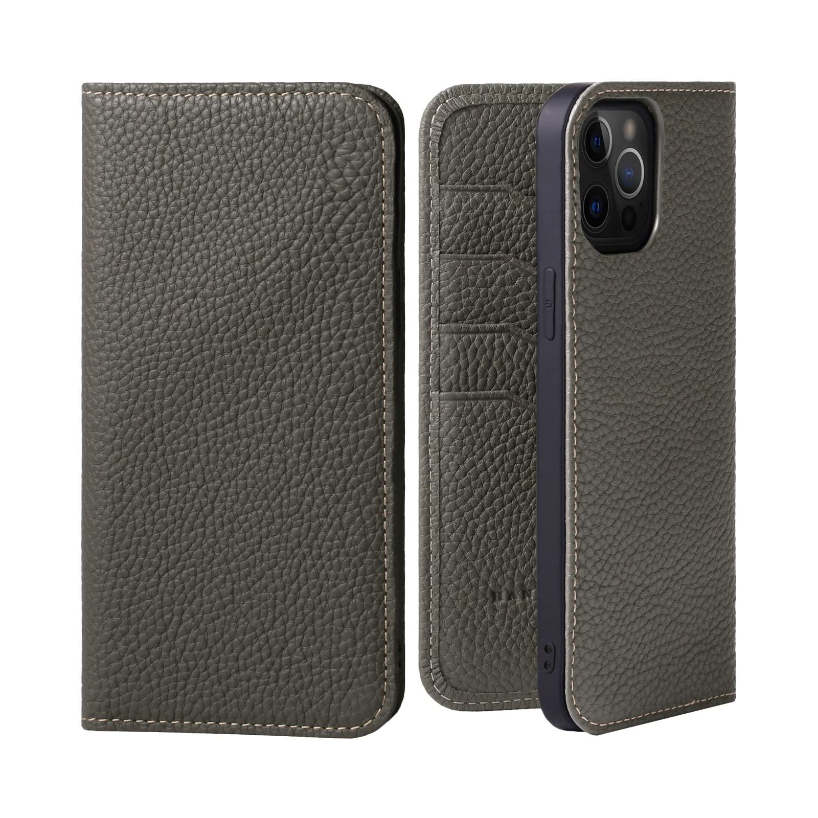 新品 スマホケース 本革 スマホ スタンド 手帳型 コードホルダー 付き ケース シュリンクカーフレザー ギフト iPhone12ProMax マグネットなし オリーブグレー HANATORA PH-12ProMax-OliveGray