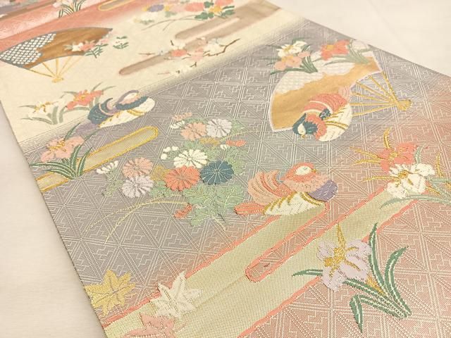 平和屋着物◎佐賀錦 六通柄袋帯 唐織 扇面花鳥文 金銀糸