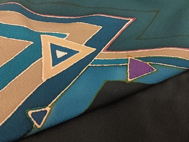 平和屋着物○コート作家 三本賢 道中着 幾何学文様 ロング丈 正絹 逸品  