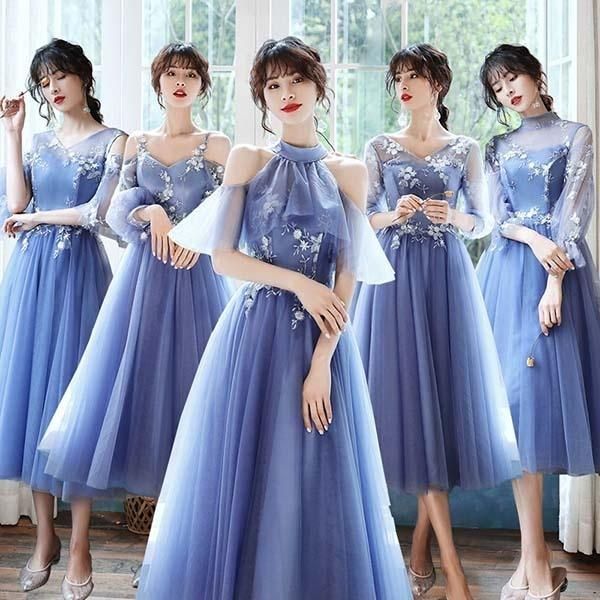 ブライズメイド ドレス ミモレ丈 二次会 小さいサイズ 大きいサイズ 結婚式 体型カバー 半袖 フリル 謝恩会 二次会 卒業式