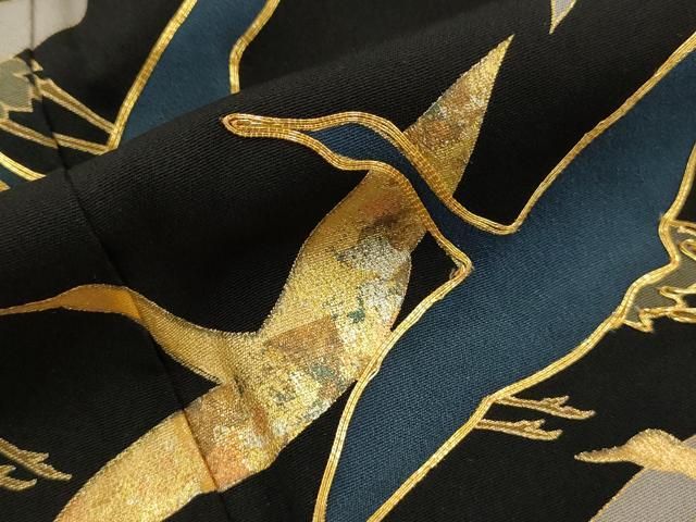 豪華振袖✿飛鶴牡丹花文✿金駒刺繍✿金彩加工✿表地美品✿黒✿振袖セット　F2404 正絹黒留袖 駒刺繍 飛鶴吉祥花文 金銀彩 ④( 訪問着、紬、