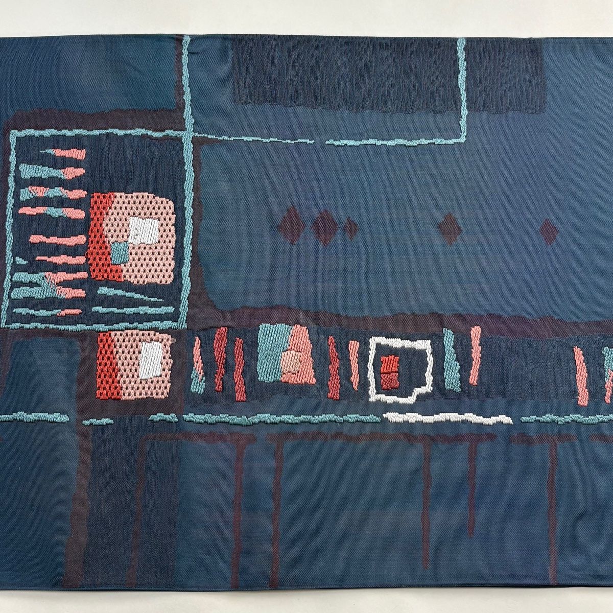 袋帯 美品 秀品 渡文 落款 本袋 幾何学模様 刺繍 藍色 六通 正絹
