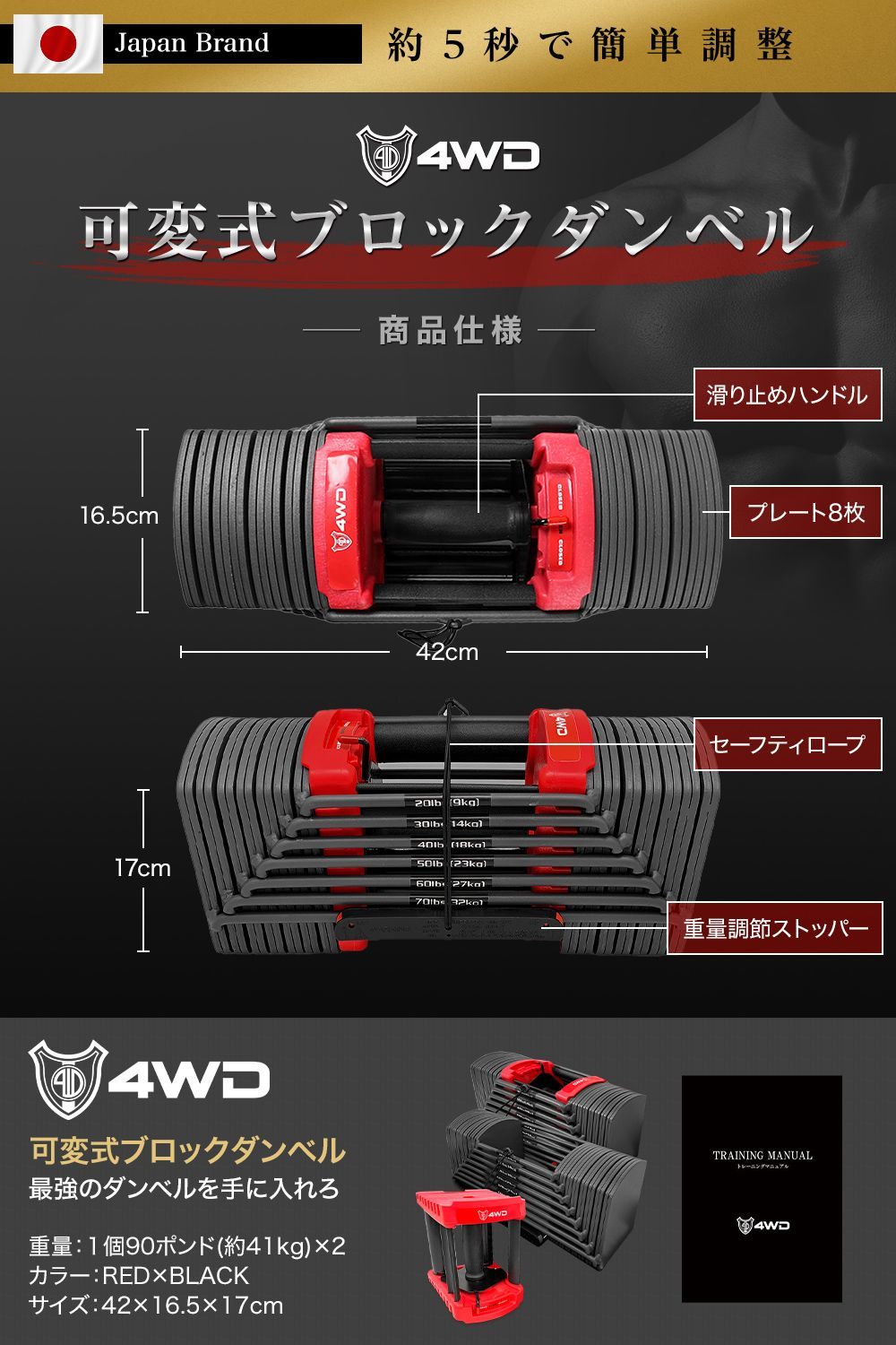 4WD 可変式ダンベル 40kg 2個セット ブロックダンベル ダンベルマット
