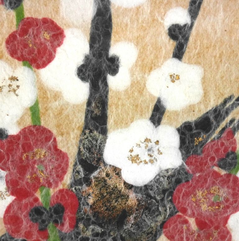 山内一生『紅白梅』◇和紙工芸◇落款有◇日展特選、評議員！師