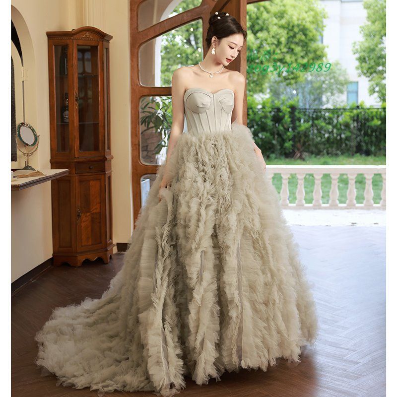 ドレス ロングドレス プリンセスドレス グリーン フリル 結婚式 演奏会 ウェディングドレス 袖なし 二次会 ウエディングドレス イブニングドレス 発表会 zog3y142989