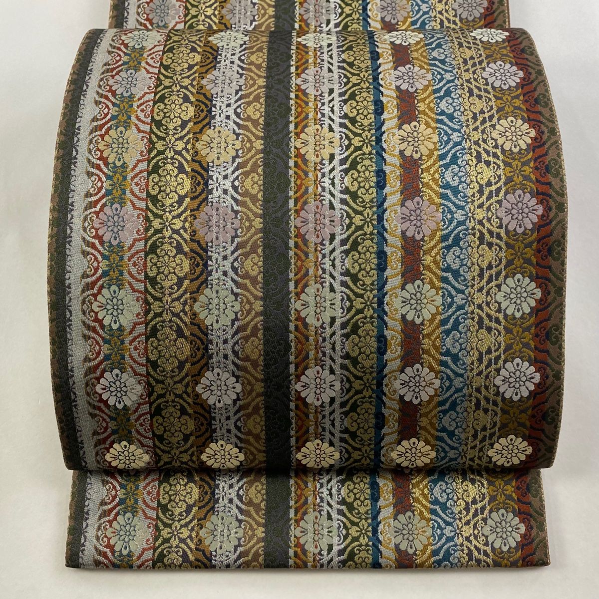 袋帯 秀品 縞 華文 金銀糸 茶紫 六通 正絹