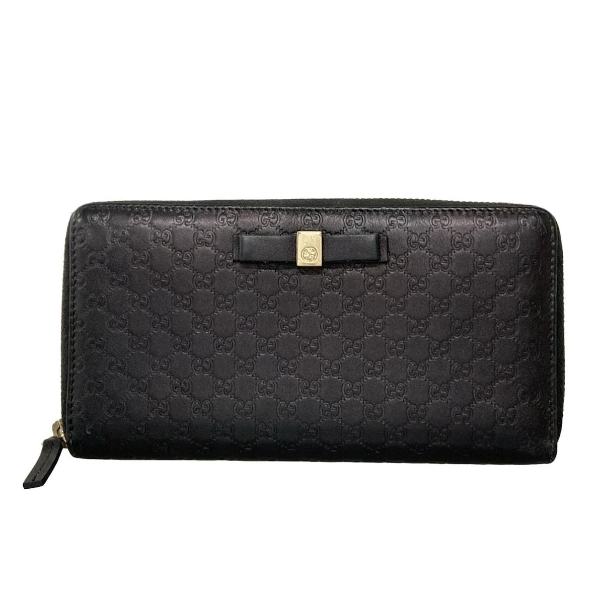 GUCCI グッチ 長財布 ボウイ マイクログッチシマ 388680 黒 ラウンドファスナー|リボン|型押し加工 レザー
