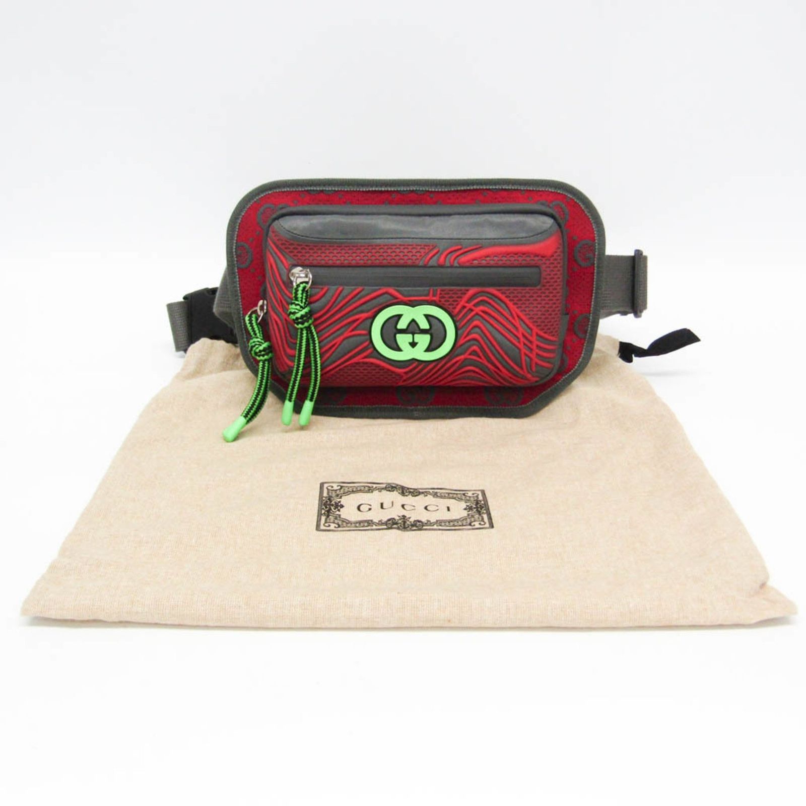 グッチ Gucci インターロッキングG 752102 メンズ レディース ナイロン キャンバス ウエストバッグ ボディバッグ グレー ライトグリーン レッド