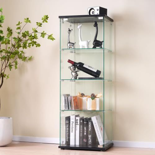 4段-高さ120cm OSJ ケース ガラスディスプレイキャビネット フィギュアケース ブラック キャビネット 強化ガラス 全面ガラス クリア 組立商品 幅42.5×奥行36.5×高さ120cm リビングルーム 透明 大型