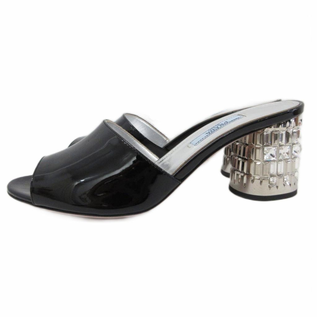 プラダ PRADA ミュール サンダル パンプス オープントゥ デザインヒール チャンキーヒール ビジュー 36 22cm 黒 ブラック シルバー