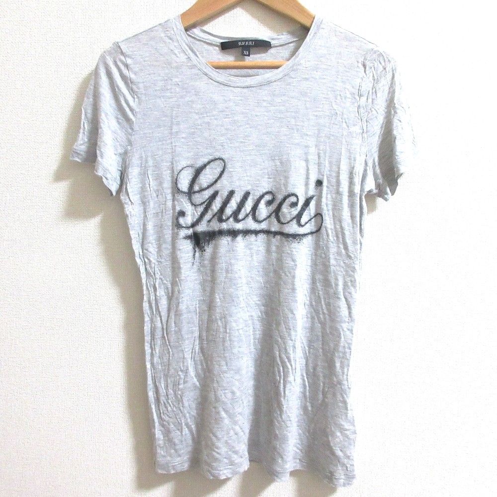 GUCCI グッチ 筆記体ロゴ プリント クルーネック 半袖 カットソー Tシャツ サイズXS ライトグレー レディース 古着