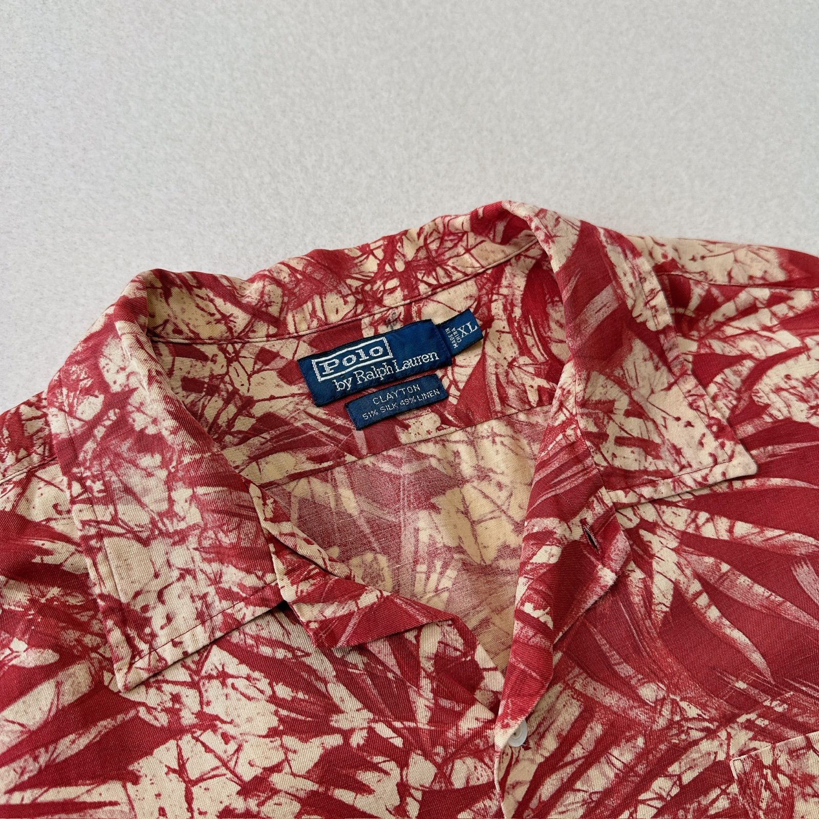 90s ラルフローレン　CLAYTON オープンカラーシャツ　開襟　総柄　シルク　リネン　ボタニカル柄　抜染プリント　Polo by Ralph Lauren Open collar S/S shirt botanical XLsize