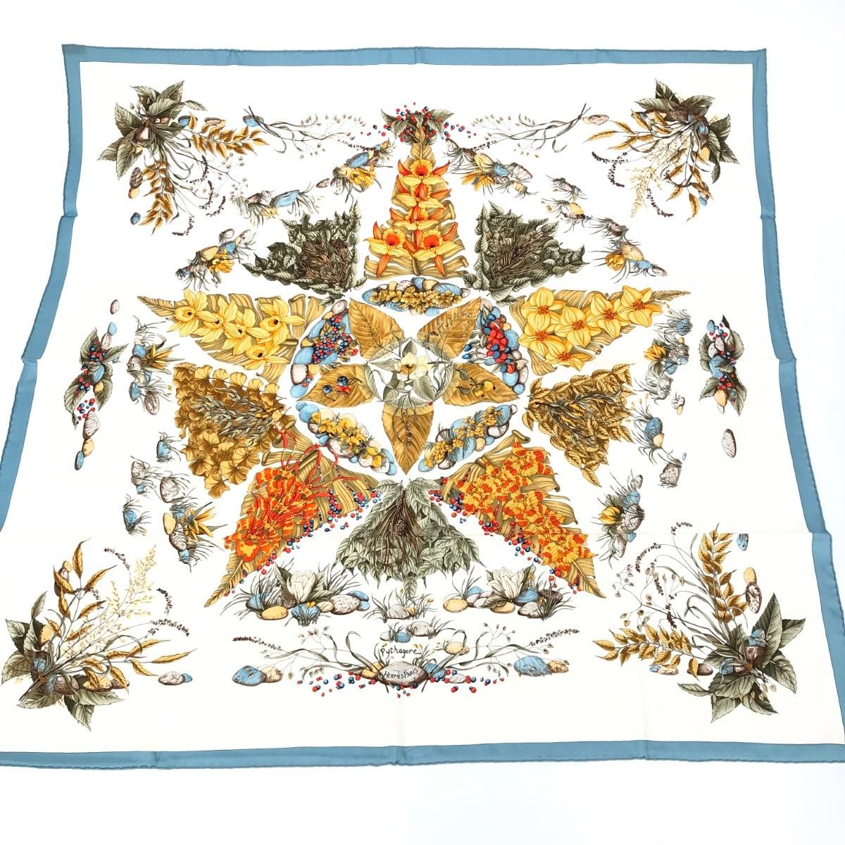 良好 HERMES エルメス カレ90 スカーフ ホワイト/ブルー Pythagore