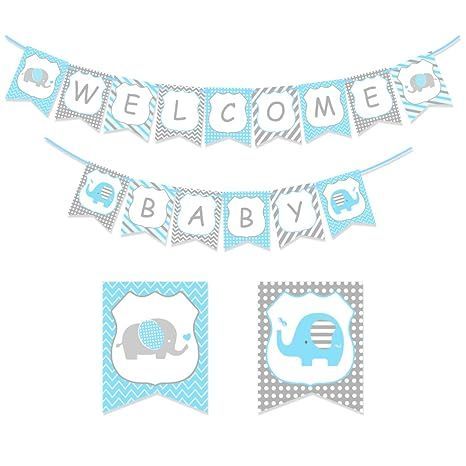 【在庫処分】welcome babyガーランド 象 ベビーシャワーパーティーバナー ブルー グレー 男の子 女の子 部屋 幼稚園 お店ガーランドバナー ベビーシャワー 誕生日飾り