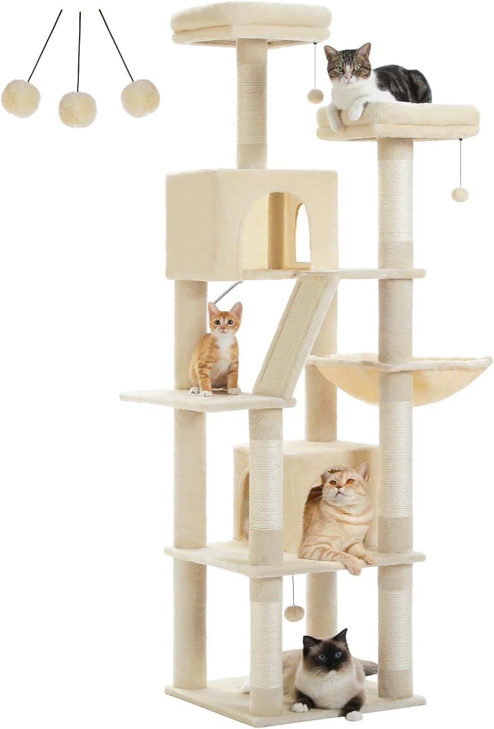 PAWZ Road キャットタワー 大型猫用 スリム 多頭飼い 猫タワー 据え置き 爪とぎポール ハンモック 隠れ家 展望台 シニア 天然麻紐 高さ180cm サイザル麻 ポンポンおもちゃ 猫ベッド ベージュ