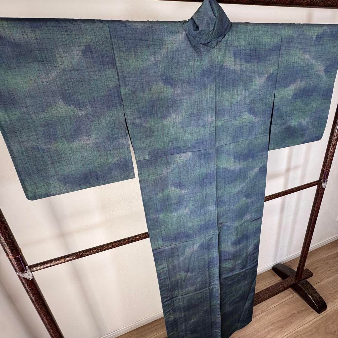 激安販売! 超 和装 正絹 着物 単衣 紬 広襟 現代 163 青緑 グラデ