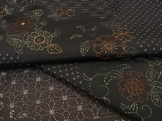 平和屋1□極上 紬 刺し子 総刺繍 道長花文 逸品 未使用s7854 - 平和屋