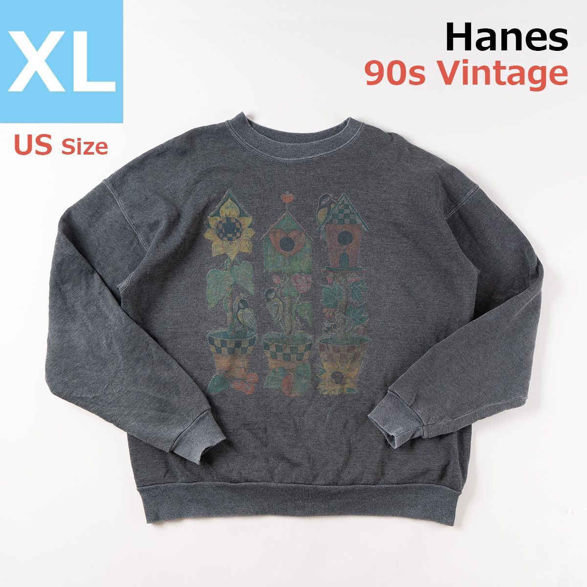 90s Hanes ヘインズ スウェットシャツ 小鳥プリント ビンテージ オールドトレーナー ダークグレー XL