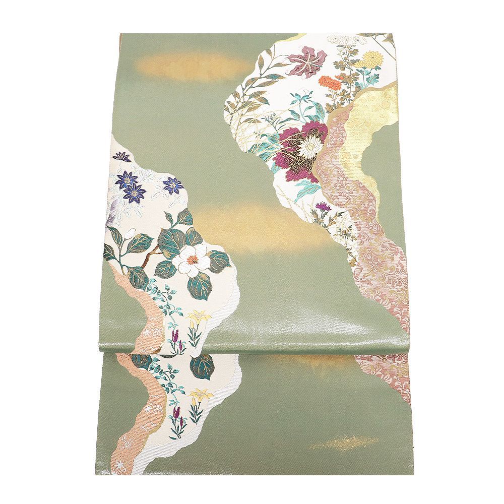 訪問着用 袋帯 正絹 花だより 緑 金箔 百合 唐花 紫陽花 椿 菊 アザミ Lサイズ F8332 レディース シルク ギフト フォーマル
