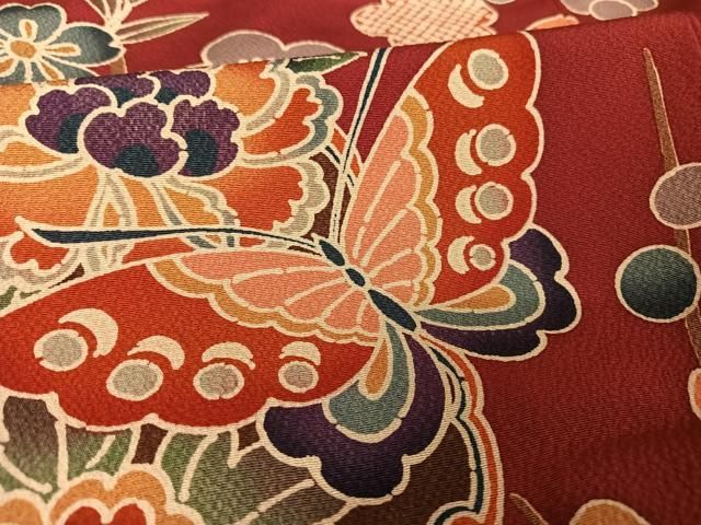 平和屋着物○紅型 振袖 雪輪花蝶文 暈し染め 正絹 逸品 AAAX0363np