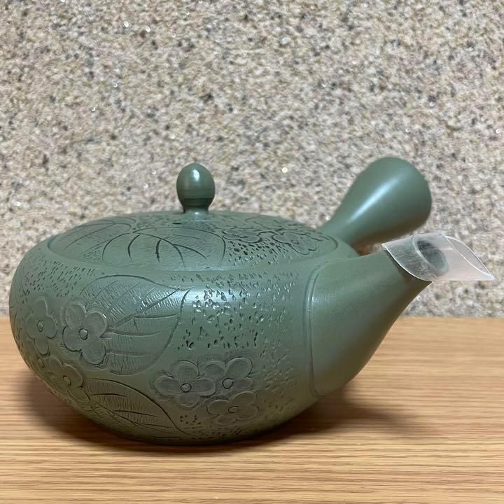茶道具 急須 名工 沢田昭邨 常滑焼 緑窯変丸 銀杏 精密彫刻 未使用  