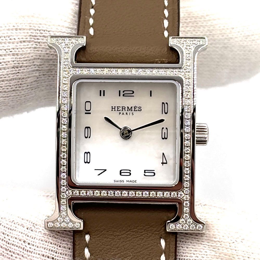 エルメス HERMES Hウォッチ ホワイトシェル文字盤 ダイヤベゼル