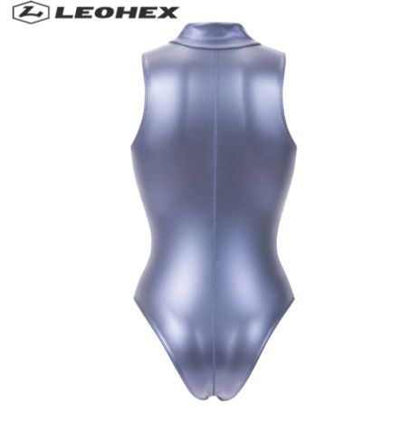 LEOHEX 強光沢 ハイネックレーシングスイムウェア サイズL パープル