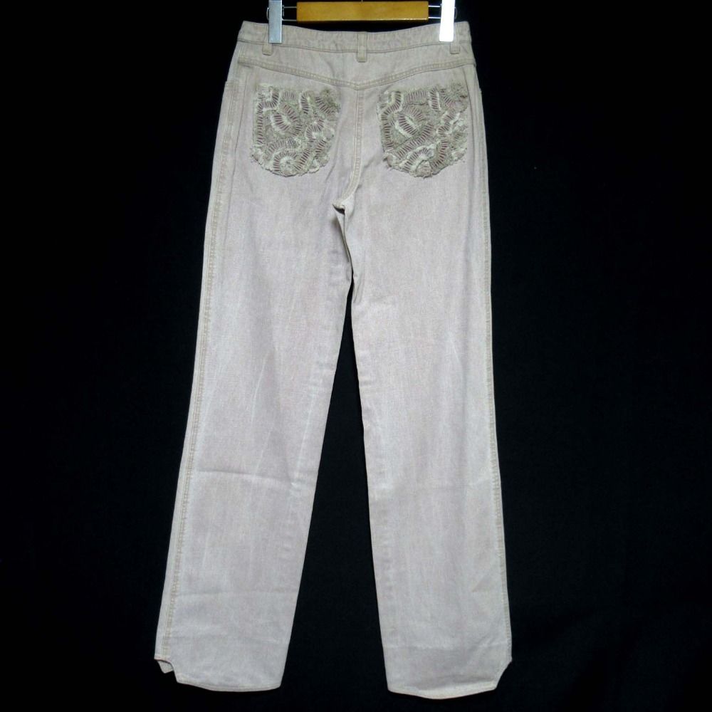 02P CHANEL シャネル ココマークボタン ボタンフライ ストレッチ デニムパンツ サイズ38 ピンク レディース 古着