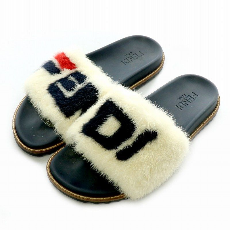 フェンディ FENDI フィラ FILA Leather sandals レザー サンダル ミンクファー 毛皮 ロゴ 白 ホワイト 黒 ブラック 茶 ブラウン |MP GY17