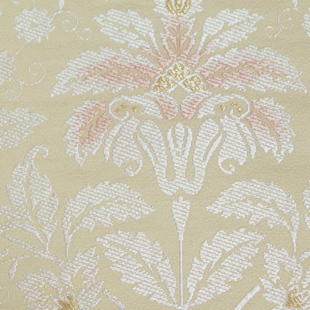 名古屋帯 新品 西陣 （６） 唐花模様 クリームイエロー系 スリーシーズン 着用可能 新品仕立て上がり品 正絹 帯 九寸名古屋帯 【送料無料】【リサイクル名古屋帯 仕立て上がり リサイクル着物 カジュアル きもの天陽】
