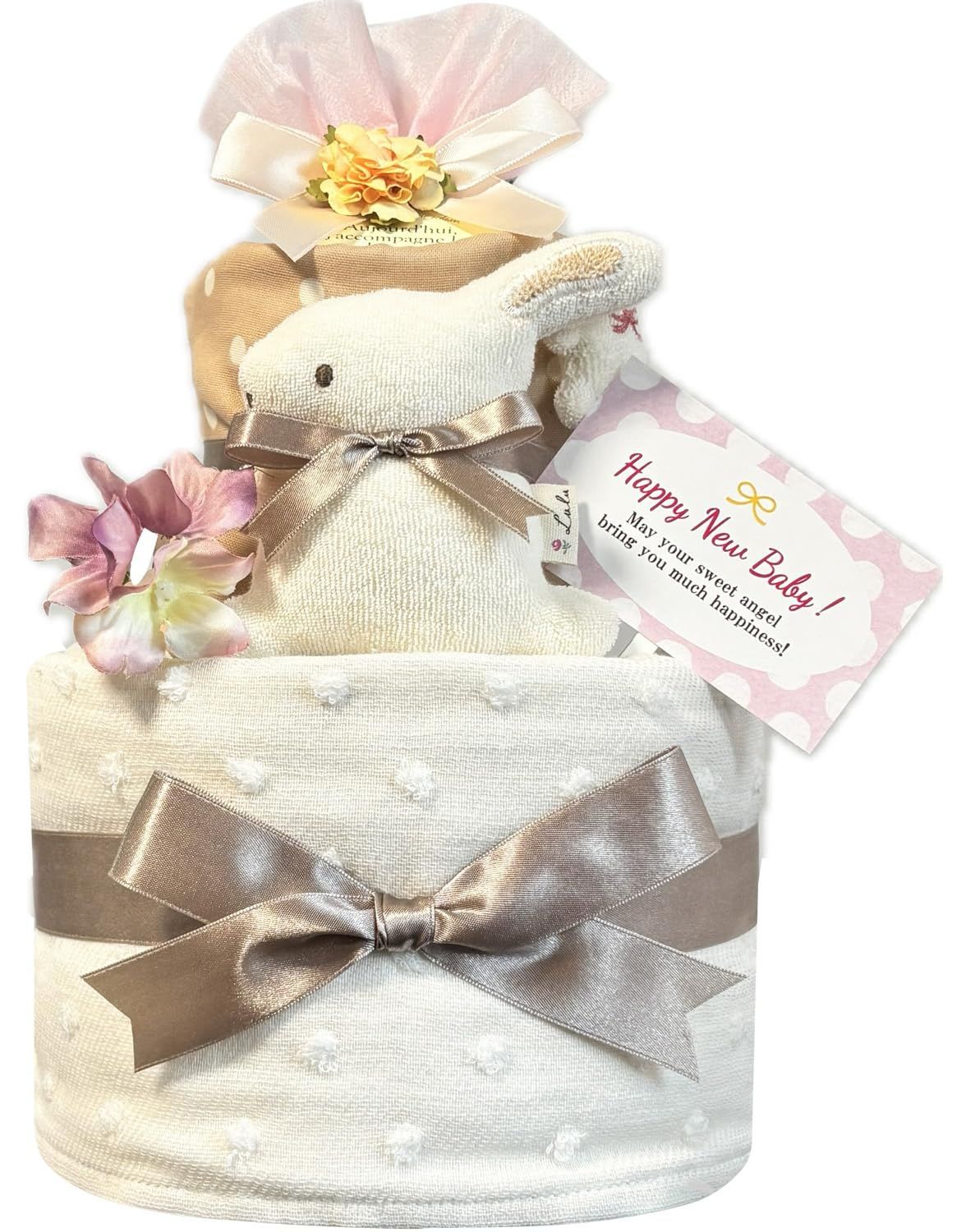 KanonBabys おむつケーキ 女の子 オーガニック スタイ 出産祝い 2段 Sサイズ con6101 ご出産祝い 新生児用にオススメおむつサイズＳ