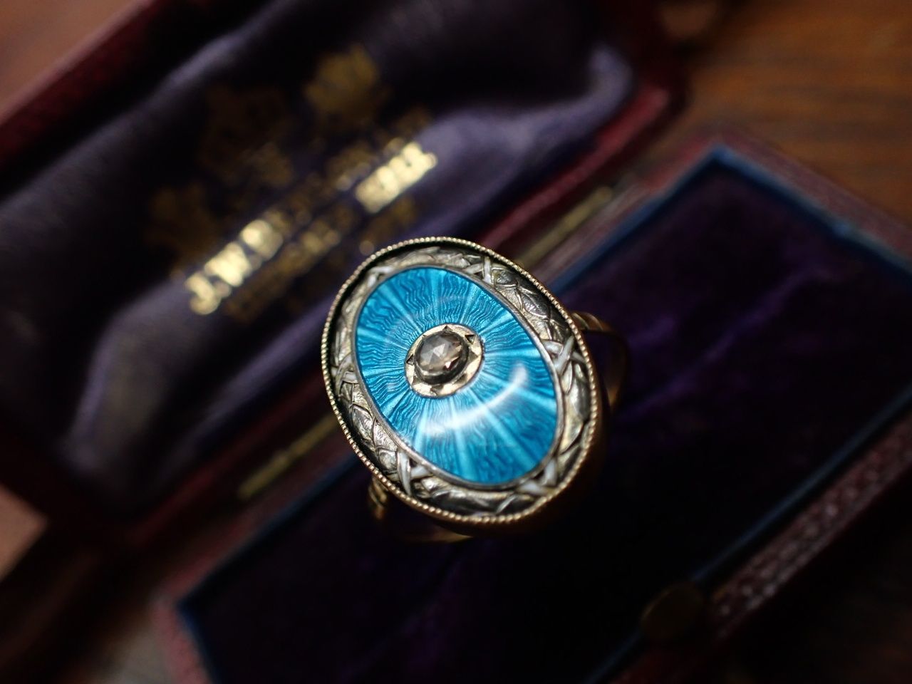 イギリスアンティーク エナメル エマイユ リング ローズカットダイヤモンド ９金 １４号