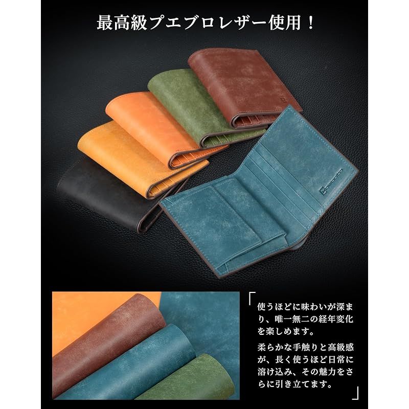 Kawaoto 財布 メンズ 2つ折り プエブロレザー 本革 二つ折り財布 薄型財布 コンパクト財布 小さい お札入れ2室 一流の革職人が作る 紳士用 金運 ビジネス プレゼント ブルー 0