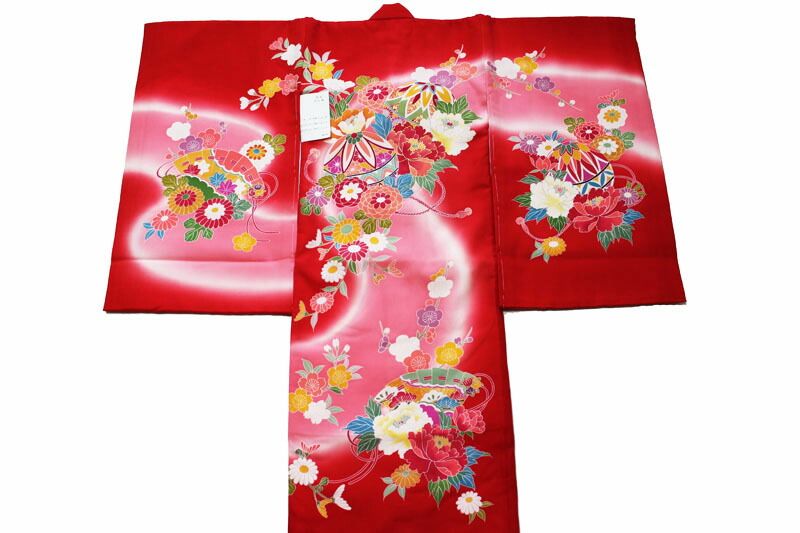 【販売品】女児お宮参り着-No.040（地色：赤×ピンク色/産着/初着/のしめ/友禅柄）