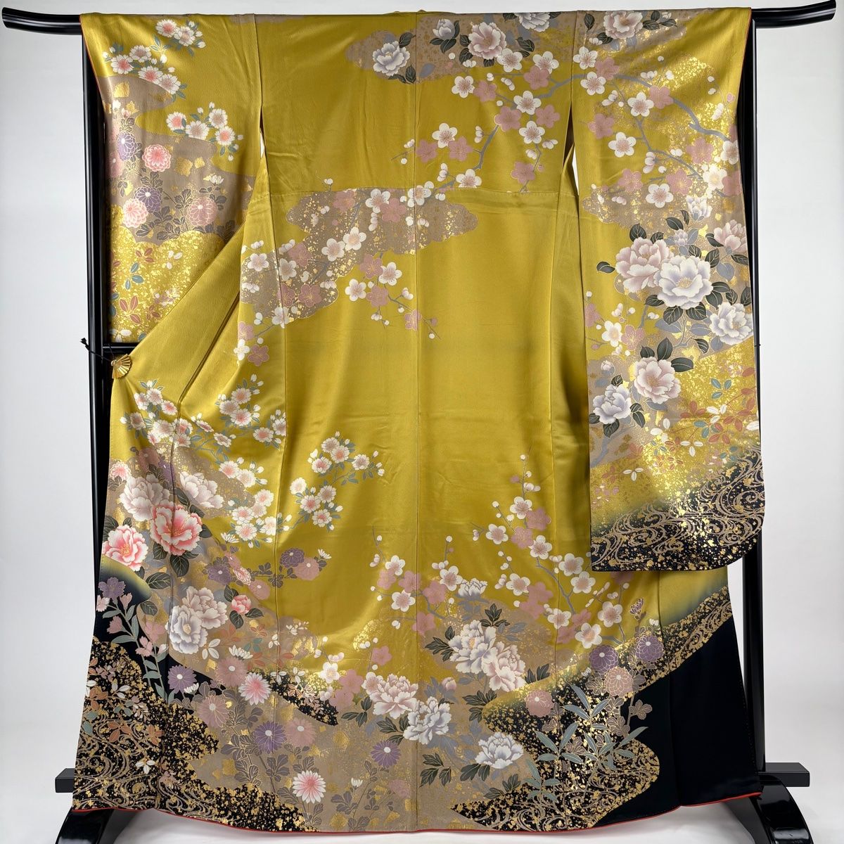 振袖 身丈167cm 裄丈65.5cm M 袷 草花 霞 金彩 染め分け からし