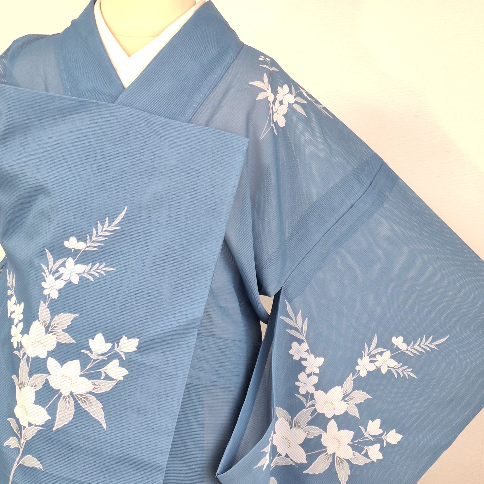 美品！小柄な方に！！洗える夏着物・付下げ 化繊 絽 ブルー系色